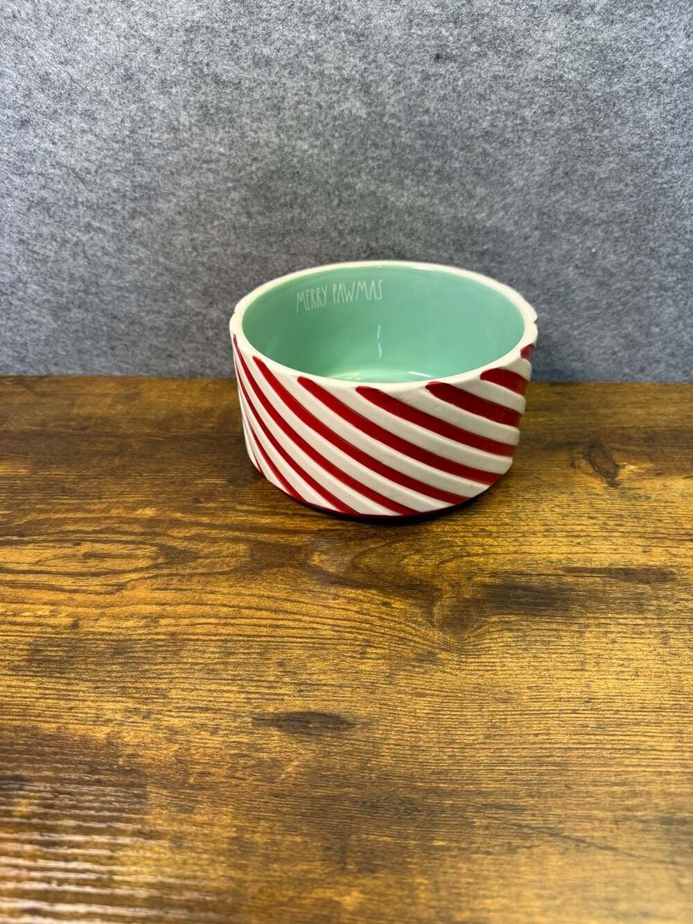 Rae Dunn Artisan Collection MERRY PAWMAS Candy Cane Striped Pet Dog Bowl